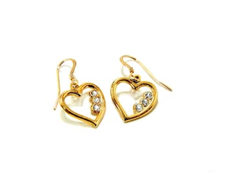 Pendants d'oreilles vintage en forme de coeur rempli d'or 14 carats : cristaux Swarovski
