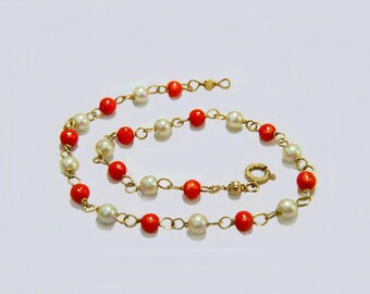 Les perles de corail sont réglables de 9 à 10 pouces. Bracelet de cheville artisanal authentique 1/20 14 carats rempli d'or