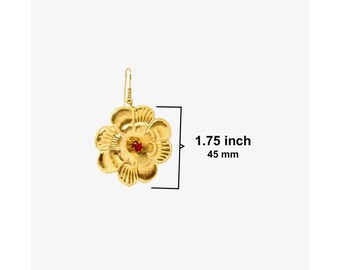 Boucle d'oreille crochet fleur exotique vintage 1,75" 1/20 or 14 carats rempli de cristal de couleur rubis