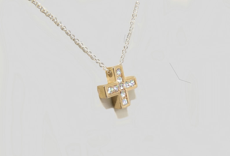 Two Tone 925 Sterling Silver Chain Necklace Greek Square Cz/'s Cross Cross Slider 18k yellow Gold Filled