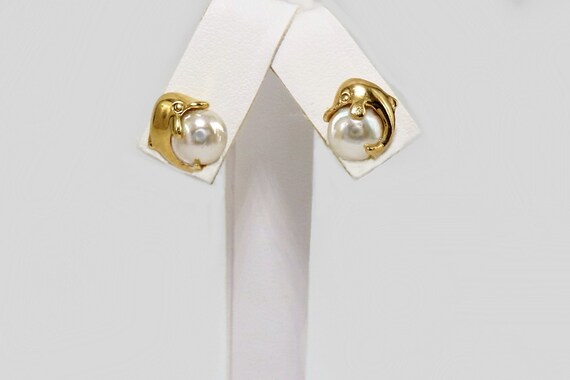 Vintage bulky 3D Dolphin Pearl Stud earrings  Dol… - image 4