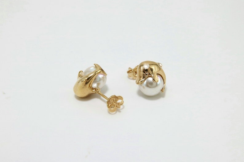 boucles d'oreilles vintage encombrantes 3D Dolphin Pearl Stud Boucles d'oreilles Dolphin Pearl 18K Gold Filled 15mm image 7