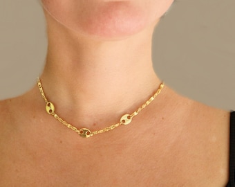 Collier ras de cou de qualité artisanale de 15 pouces, authentique or 18 carats rempli