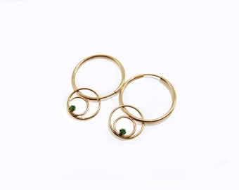 Unique Endless Hoop Earrings Emerald crystal color 1.10 inch drop height authentic 14K - 1/20 Gold Filled /Two in One double Hoop Earrings