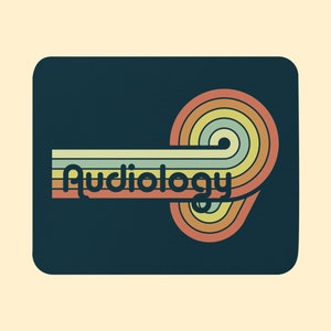 May include: Retro-style graphic design with a stylized ear and the word "Audiology" in a rainbow color scheme on a dark blue background.
