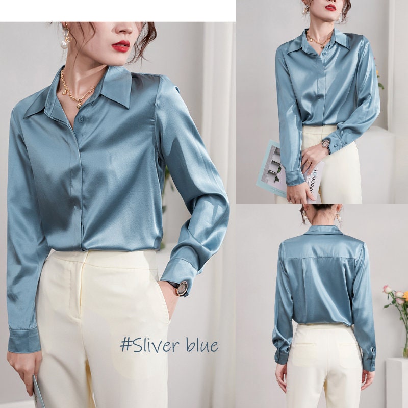 Women Sleeveless Silk Satin Business Office Work OL Button Down Shirt  Blouse Top