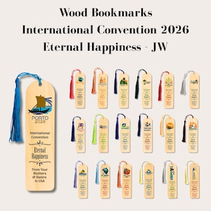 Marcapáginas Asamblea Internacional 2026 - Felices para siempre - Hecho a mano de de madera - Regalos JW