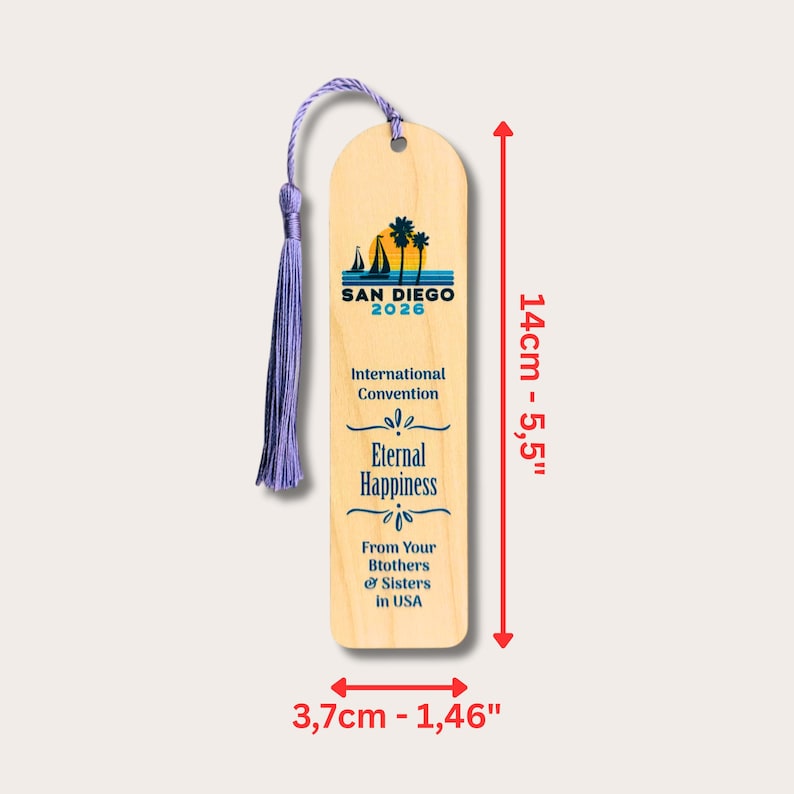 Marcapáginas Asamblea Internacional 2026 - Felices para siempre - Hecho a mano de de madera - Regalos JW - San Diego (USA)