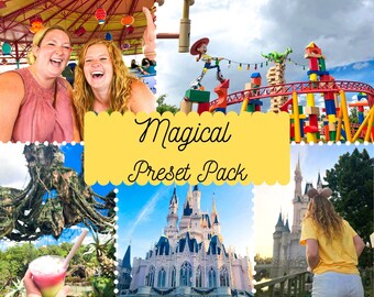 May include: A collage of images featuring various attractions at a theme park. The images include a ride with colourful blocks, a large tree, a castle, and people enjoying the park. The text "Magical Preset Pack" is displayed in the centre of the collage.