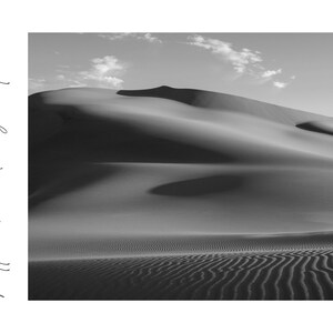May include: Monochrome photograph of sand dunes under a cloudy sky. The image includes the text "Patterns made by nature" in cursive script. The dunes have textured patterns.