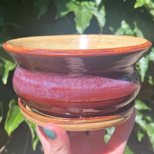 Flared Rim Planter with Attached Drainage Plate and Drainage Holes, Pink and Green Glazed Ceramic Flower Pot, Handmade Plant Pot with Plate