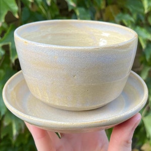 May include: A light yellow ceramic bowl with a saucer. The bowl and saucer have a speckled glaze.
