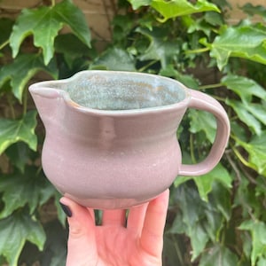 Handmade Reactive Green and Brown Glaze Interior Pitcher, Small Muted Purple Glazed Ceramic Pitcher, Mini Stoneware Clay Pottery Pitcher