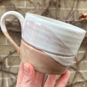 Handmade Pink and White Glazed Coffee Cup, Stoneware Clay Tumbler with Handle, Pink Textured Ceramic Mug, Everyday Functional Coffee Cup