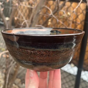 Red and Black Glazed Dinnerware Bowl with Textured Line Exterior, Stoneware Clay Ceramic Bowl, Carved Trinket Dish with Foot, Pottery Bowl