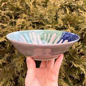 Wide Rim Blue and Green Drippy Glaze Ceramic Bowl, Functional Handmade Purple Dinnerware Bowl with Foot, Large Clay Pottery Trinket Dish