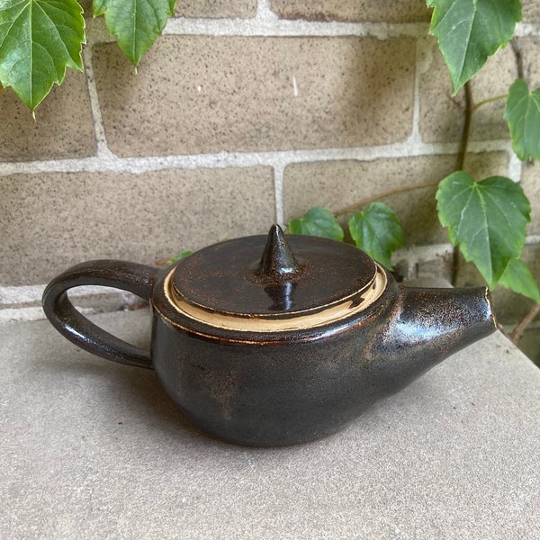 Handmade Tiny Ceramic Teapot, Sparkly Brown and Black Glazed Stoneware Clay Creamer Teapot, Decorative Shelf Display Piece, Cute Dinnerware