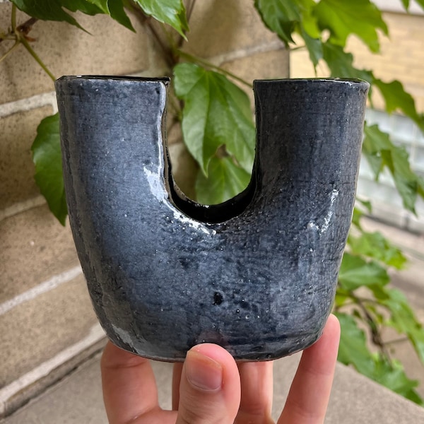 Gray and Black Glaze Cut Out Ceramic Vase, Handmade Unique Altered Form Pottery Vase, Decorative Wheel Thrown Carved Clay Vase, U Shaped Pot
