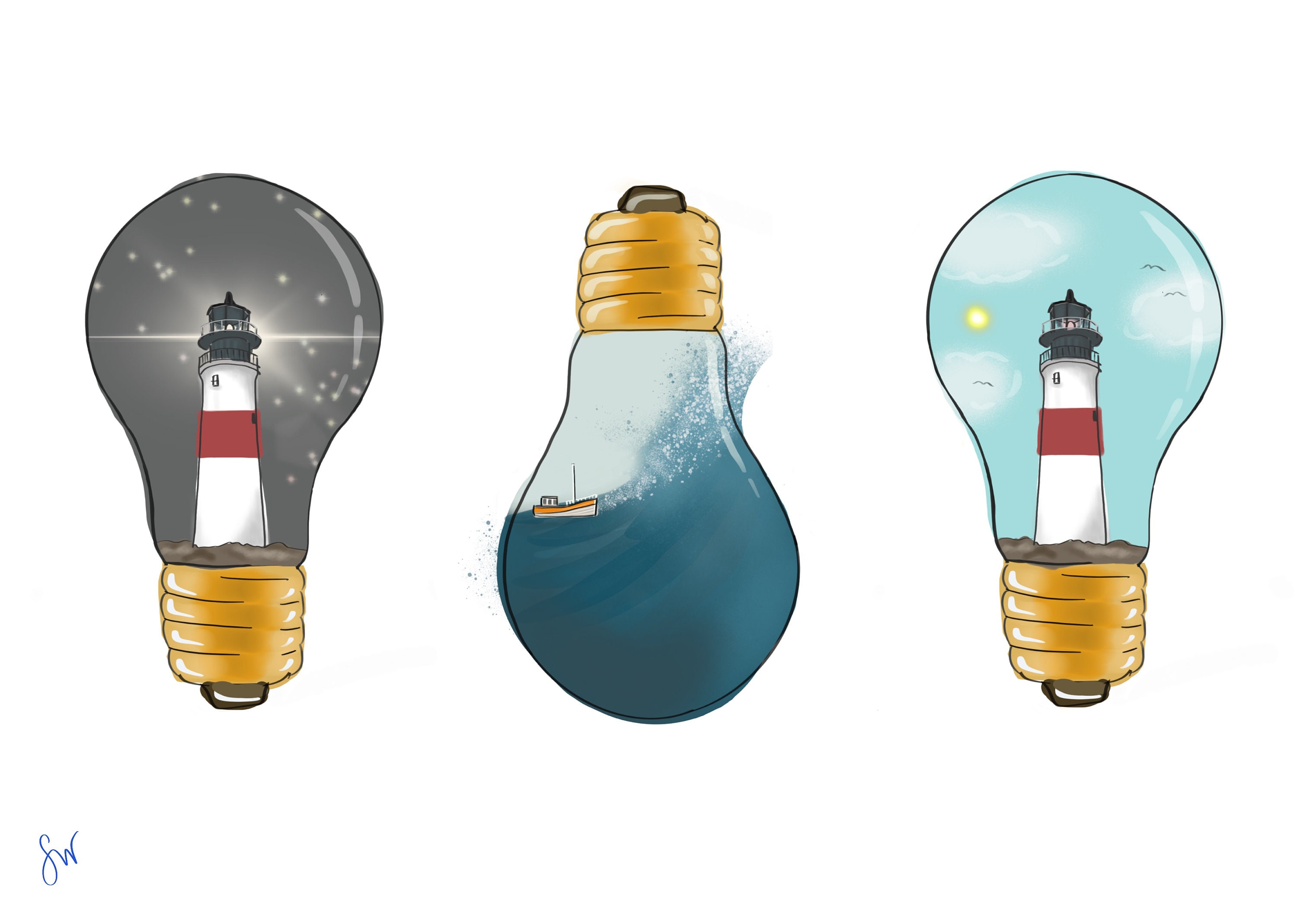 Three Lighthouse Bulbs A4 Print Etsy UK