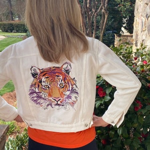 Abstract Tiger Embroidered Denim Jackets Tiger Face