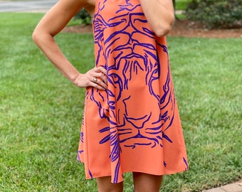 Sleeveless Light Weight Orange & Purple A-Line Dress With Tiger Print