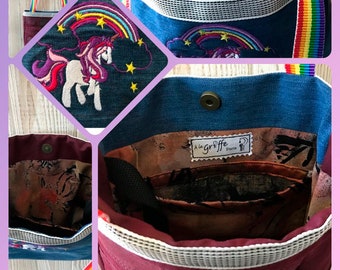 Small Unicorn Bag with rainbow handles in two-tone garnet red denim and blue denim