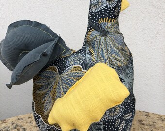 Hen in upcycled floral pattern upholstery fabric, YELLOW beak, Doorstop