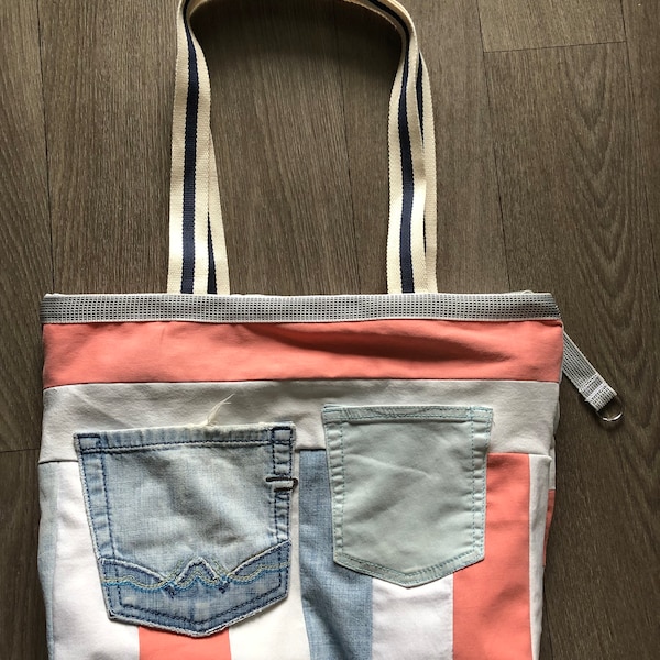 Sac Ethique et Chic Rose Blanc Bleu Blue Jean, Sac Entre Deux Bleu Blanc Rose Blue Jean Upcycled et boutis fleuri