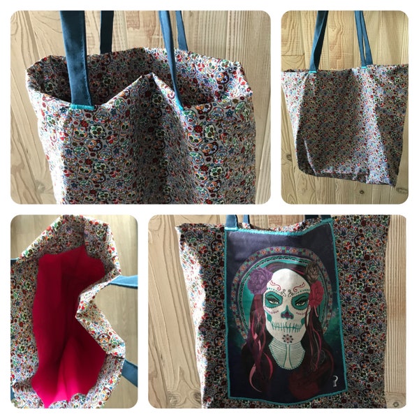 Tote Bag imprimé Lady Skull, santa muerte et têtes de mort mexicaines