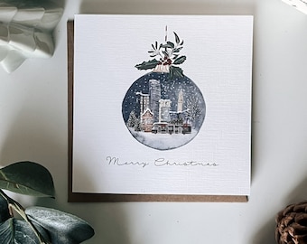 Personalised Christmas Card Watercolour Decorative Bauble Northern Ireland Belfast Skyline