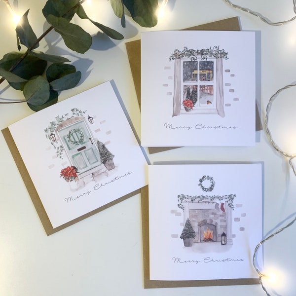 Weihnachtskarte Aquarell Home Collection- Mixed Pack (Tür, Fenster, Kamin)