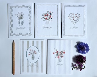 Floral Watercolour Greeting Card Set: Handmade Botanical Stationery - Pack of 5