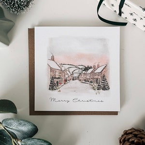 Aquarela de cartão de casa de campo de ovelhas de neve de cena de Natal
