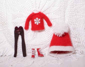 Blythe Christmas outfit, Santa Hat Blythe, Christmas cardigan Blythe