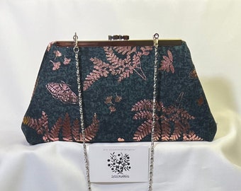 Dark green rose gold metallic retro vintage clutch with fern and butterflies - silver nickel hardware - chain strap option