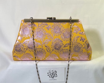 Yellow rose gold clutch with metallic sunflowers - antique brass or silver frame - chain strap option