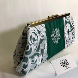 Emerald Green Silk Clutch: Embroidered Lace Evening Bag, Antique Gold Frame