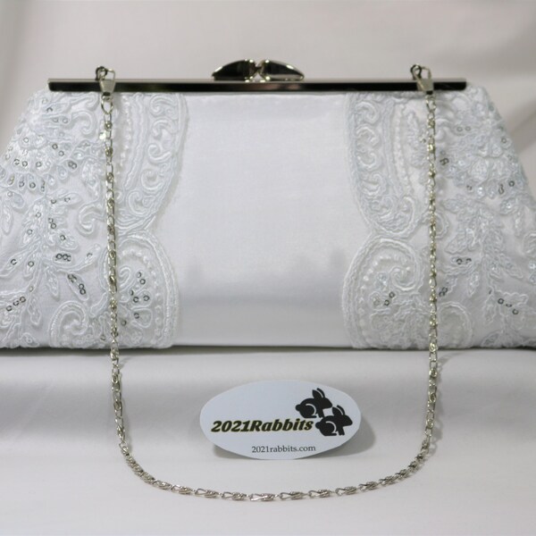 White bridal clutch purse money bag with satin and embroidered corded silver sequin lace - 8" silver nickel frame - optional chain strap