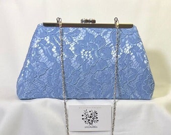 Baby blue satin shantung evening bag clutch purse with corded lace - silver or antique brass hardware - chain strap option