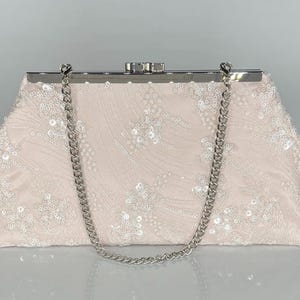 Blush Sequin Lace Bridal Clutch: Pale Pink Satin Evening Bag, Silver Frame