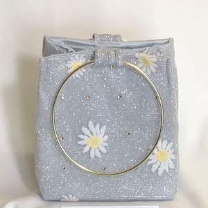 Silver clutch metallic daisy crystal beaded mini bucket ring bag evening bag purse with embroidery - silver and gold hardware