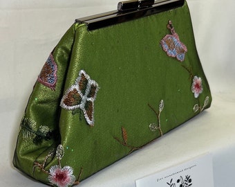Lime green black olive evening bag clutch purse-embroidered cherry blossoms and butterflies-5.5” gunmetal black frame