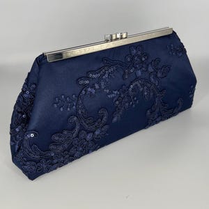 Navy Sequin Lace Wedding Clutch: Silver Frame, Optional Chain