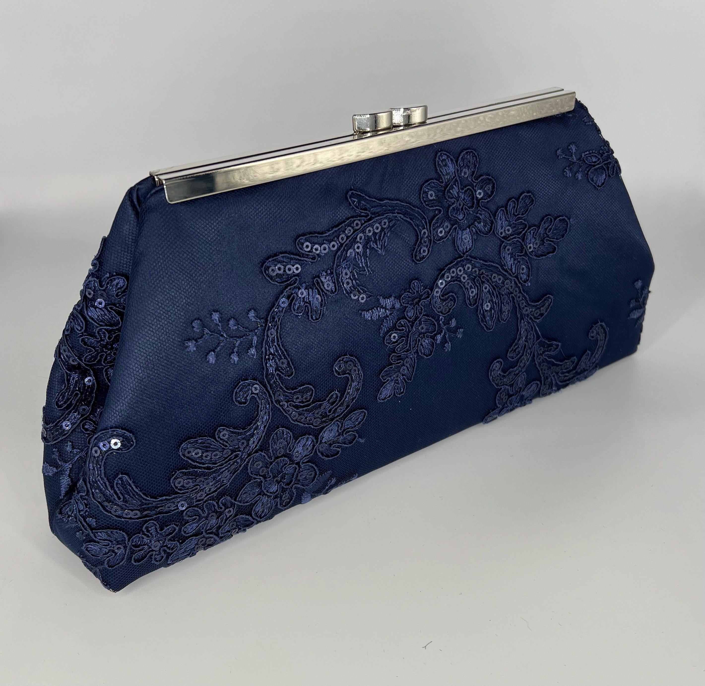 Navy blue wedding clutch for mother of the bride/groom - embroidered sequin lace on satin-7" silver nickel frame - optional chain