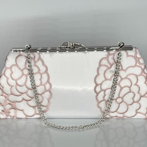 White dusty rose clutch retro vintage bridal evening bag purse with embroidery lace - 8&quot; silver nickel frame