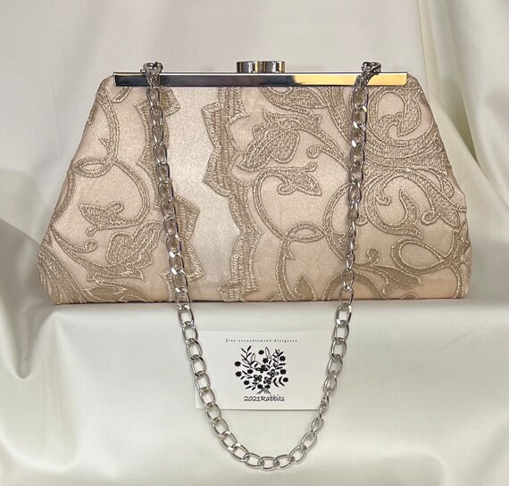 Champagne Nude Clutch Satin Embroidered Tapestry Lace Evening Bag Purse 7 Silver Nickel Frame Optional Detachable Strap Etsy Canada