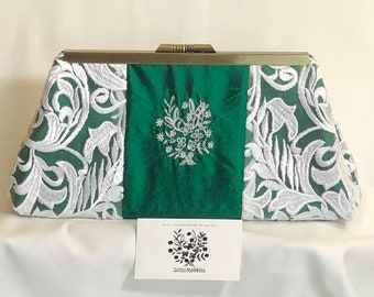 Emerald green embroidered silk evening bag clutch purse with white embroidered lace - 8" antique gold frame