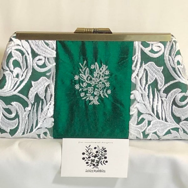 Emerald green embroidered silk evening bag clutch purse with white embroidered lace - 8" antique gold frame