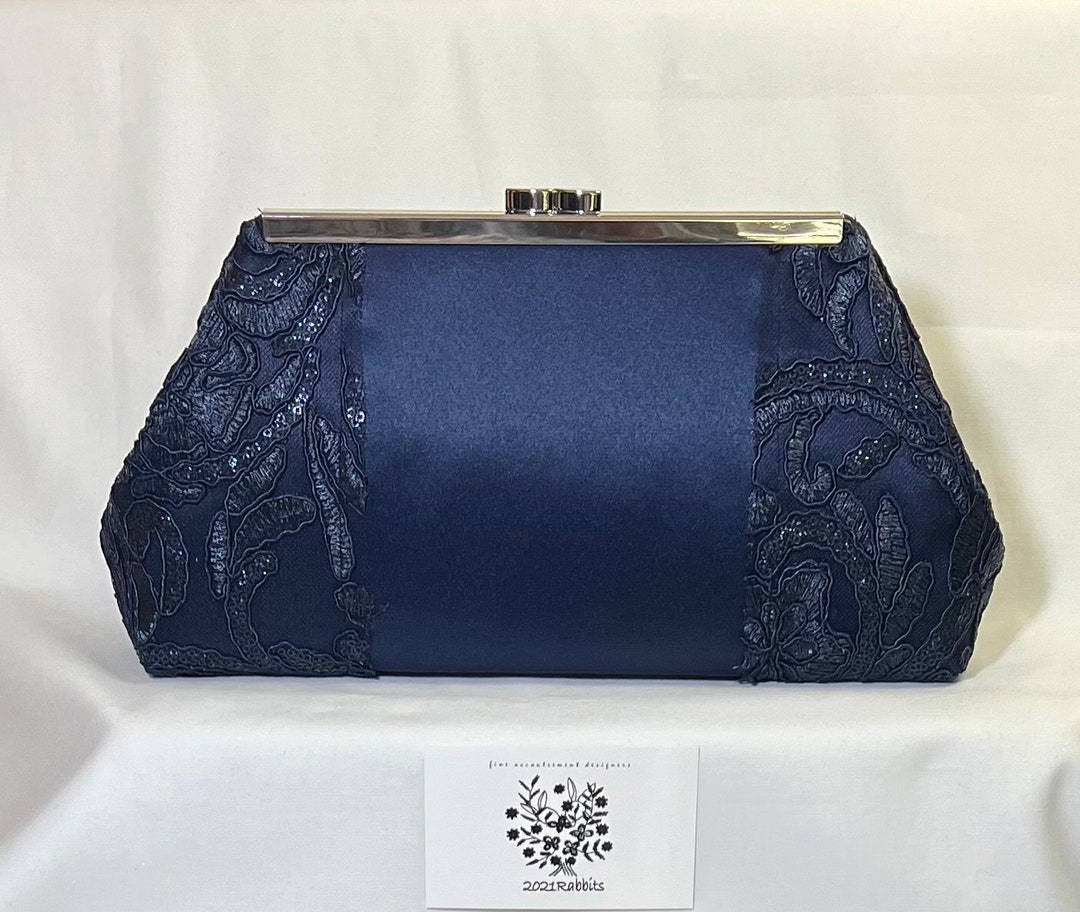 Navy Blue Clutch Dark Blue Evening Bag Purse Embroidered Sequin Lace on Satin7 Silver Nickel or