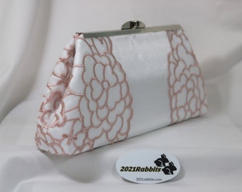 Rose white retro vintage bridal evening bag clutch purse with embroidery lace - 8" silver nickel frame